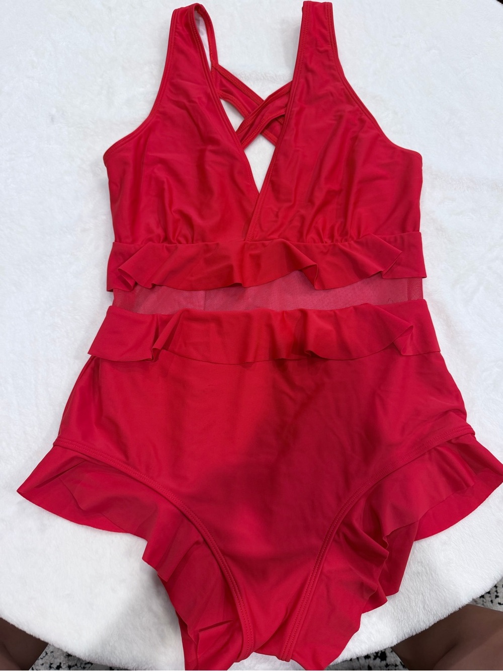 SHEIN Red Ruffle One-Piece Swimsuit with Crisscross Back